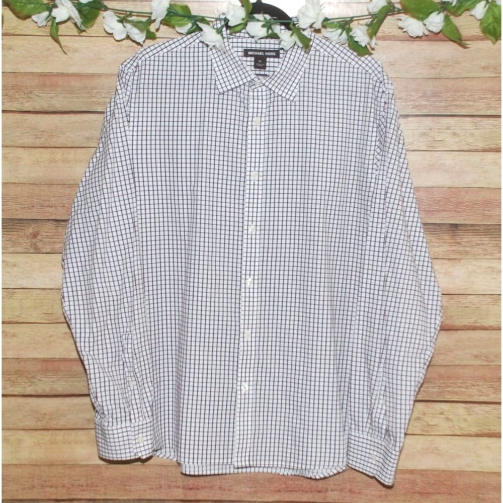 Michael Kors Button Up Shirt Men's Size XL White & Brown Grid Check Tailored Fit